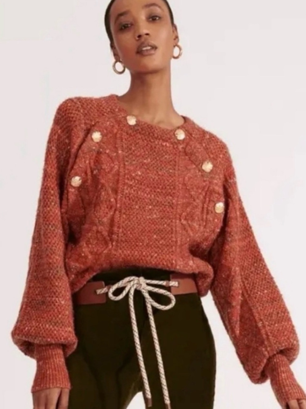 Veronica Beard Adelaida Chunky Cable Knit Sweater in Rust small